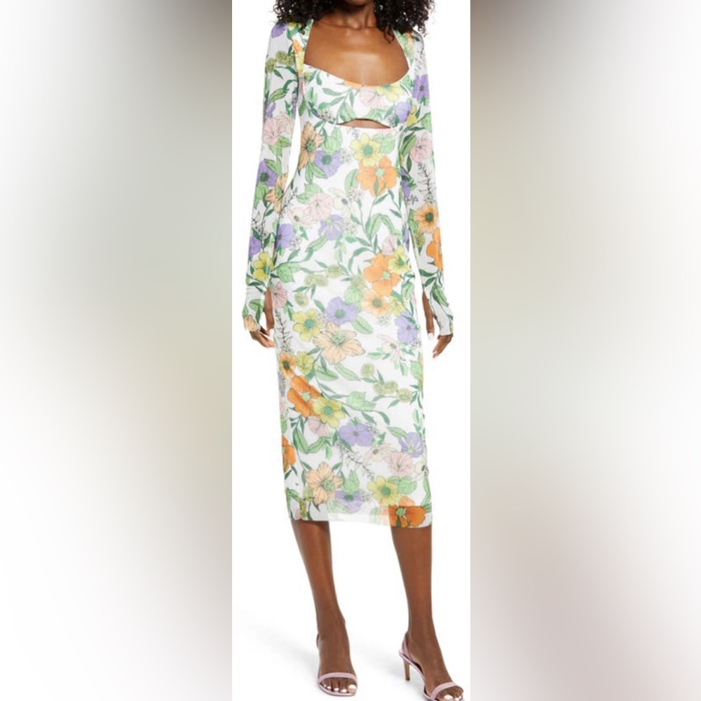 AFRM Vintage Floral Kellen Bandeau Cutout Mesh Midi Dress, sz 3X